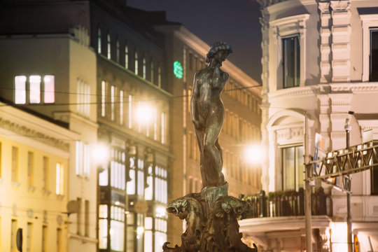 Helsinki, Finland. Night View Of Fountain Havis Amanda Is Nude F