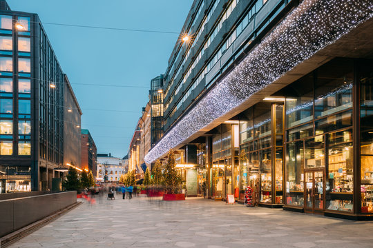 Helsinki, Finland. Shopping Center In New Year Lights Christmas 