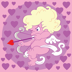 cupid with bow and arrow on a purple heart background