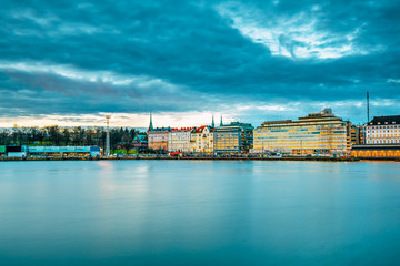 Helsinki, Finland. Evening View Of Houses And Hotels On Etelaran