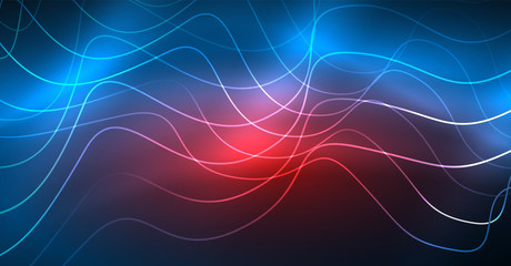 Obraz premium Glowing abstract wave on dark, shiny motion, Christmas and New Year magic space light. Techno abstract background