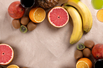 asian raw fruits set, vitamins for health, fruits juice