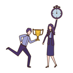 business couple with clock and trophy avatar character