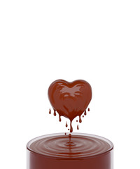 Splash ripple of liquid brown chocolate cream or juice in form of heart shape in a glass isolated on white background. Design creative concept for valentine or love . 3D render illustration.