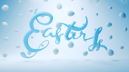 Happy Easter background with lettering decorated by eggs. Invitation realistic 3d illustration greeting card, ad, promotion, poster, flyer, web-banner, article, social media