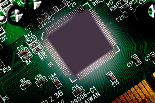 Close-up of Electronic chip in a computer circuit board.