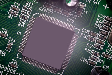 Close-up of Electronic chip in a computer circuit board.