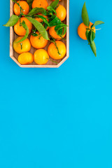 New Year and Christmas Eve with mandarins. Citrus winter fruits on blue background top view space for text
