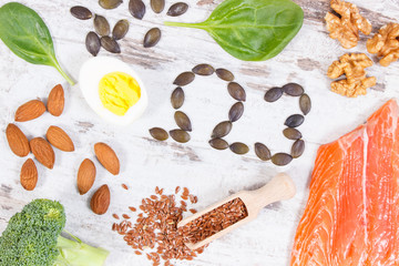 Natural sources of omega 3 acids, unsaturated fats and dietary fiber, healthy nutrition concept