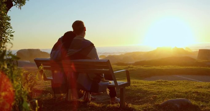 Rear view of couple sitting on bench near beach 4k