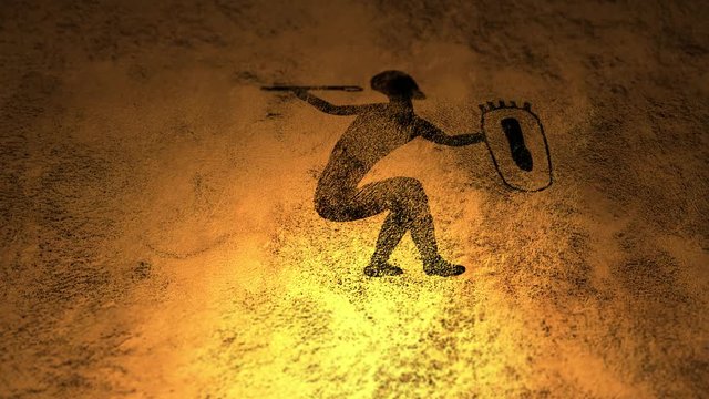 A single Cave Painting of  Warrior with dancing fire illumination on cavern wall V1