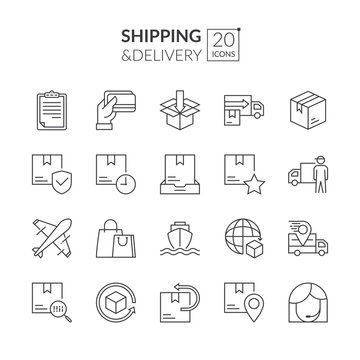 Shipping and delivery icons. Simple set of shipping related vector line icons. Delivery flat icon set