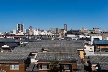 city view for old Japanese house and buildings in Fukuoka city, JAPAN.