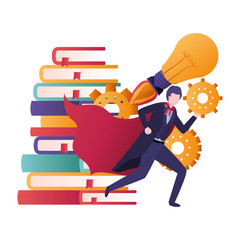 businessman with hero layer and stack of books