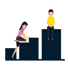 business couple climbing in statistics bars