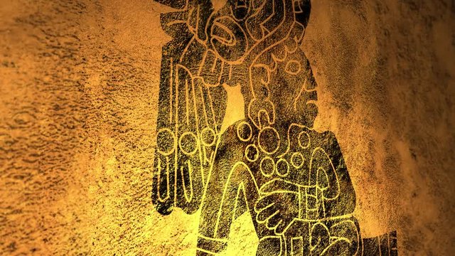 A mysterious Mayan or Aztec symbol on cave wall with candlelight illumination ALT