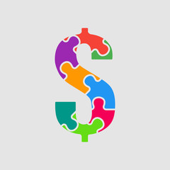 Vector puzzle pieces sign dollar. Jigsaw sale.