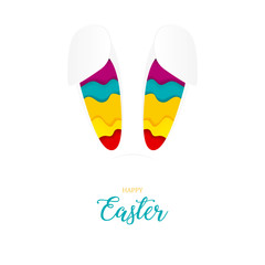 Happy Easter greeting, 3d paper cut ears of rabbit, bright colours, vector illustration.