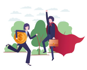 business couple with hero coat and currency