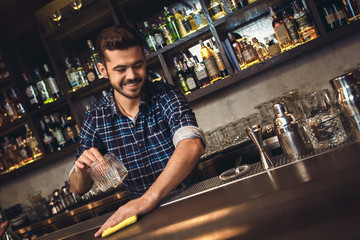 Young bartender standing at bar counter wiping table cheerful