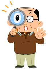 虫眼鏡を覗いて驚く中年男性　おじさん　薄毛
