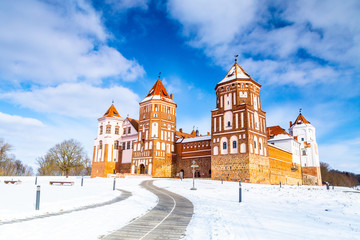 The winter panorama of the Mir Castle Complex, Minsk Region, Belarus - obrazy, fototapety, plakaty