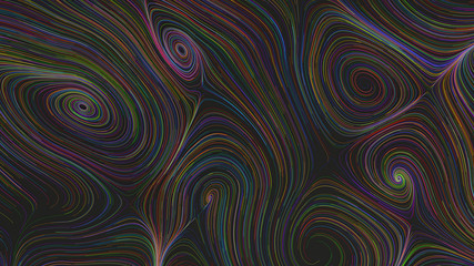 Smooth curles from colorful strings on black background