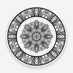 Decorative plate with round mandala ornament. Abstract floral pattern in ethnic style. Vector illustration