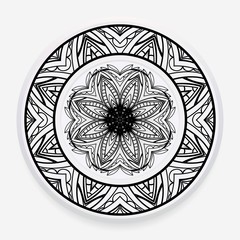 Porcelain plate with mandala ornament. Vector illustration. Isolated. Round geometric floral pattern. Interior decoration, home decor element.