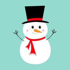 Merry Christmas. Snowman icon. Carrot nose, black hat. Happy New Year. Cute cartoon funny kawaii character. Greeting card. Isolated. Blue winter background. Flat design.