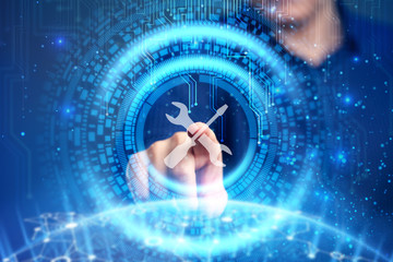 Business, Technology, Internet and network concept. Young businessman working on a virtual screen of the future and sees the inscription: security