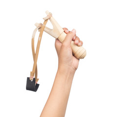 Hand holding catapult slingshot isolated on white background
