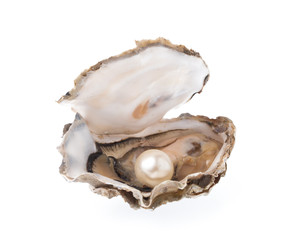 Open oyster with pearl isolated on white background - 242603120