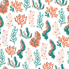 Vector Seamless Pattern with Seaweed and Corals. Hand Drawn Vector Illustration.

