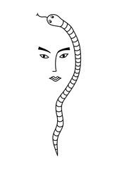 Woman snake, stylized portrait. Laconic female portrait graphic drawing. Black and white vector graphics.