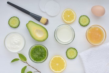Natural ingredients for homemade cosmetics, face mask, flat lay, top view.