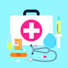 White first aid kit inside vector illustration. Emergency medical case with red cross, syringe, pills, bottle, enema, stethoscope, patch, vaccine flat style design isolated on light blue background.