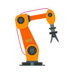 Robotic arm flat style design vector illustration icon sign isolated on white background. Robot arm or hand. Industrial robot manipulator. Modern smart industry 4.0 technology. Automated manufacturing