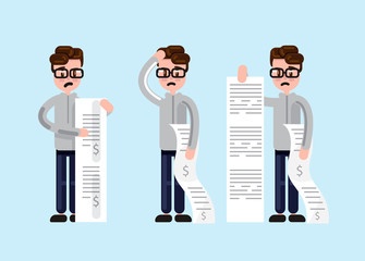 Simple cartoon man in glasses looking scared and depressed while holding long paper bills 