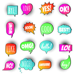 16 Speech bubbles flat gradient style design on halftone with text; love, yes, like, lol, cool, wow, boom, yes... hand drawn comic cartoon style set vector illustration isolated on white background.
