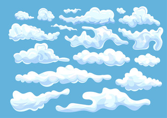 Flat design of clouds of various shaped in white color composed on blue background