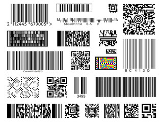 Graphic collection of different types of bar and QR codes isolated on white background