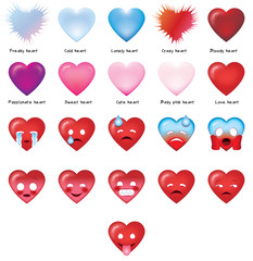 A collection of Cool Heart shapes Emojis or Emoticons in different facial expressions. angel face, angry, sad, happy, kiss, smart, buttered, hungry, funny, wacky, devil face, in love, dizzy, sleeping.