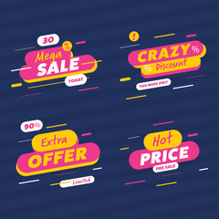 Colorful collection of labels showing crazy and hot discounts on blue background 