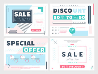 Collection of discount and sale coupons in set on gray background