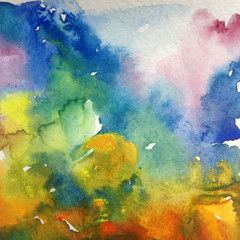 Watercolor abstract bright colorful textural background handmade . Painting of sky and clouds during sunset . Modern cosmic pattern . Shine