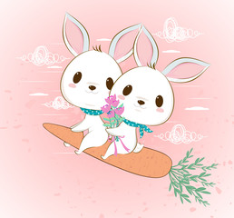 Cute bunny rabbit couple in love flying on carrot decorated with heart,cloud,flowers and sky