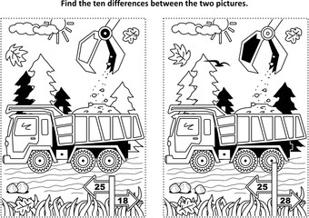 Find the ten differences picture puzzle and coloring page with working tip truck and hopper
