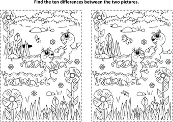 Spring or summer themed find the ten differences picture puzzle and coloring page with two cute caterpillars walking in the garden
