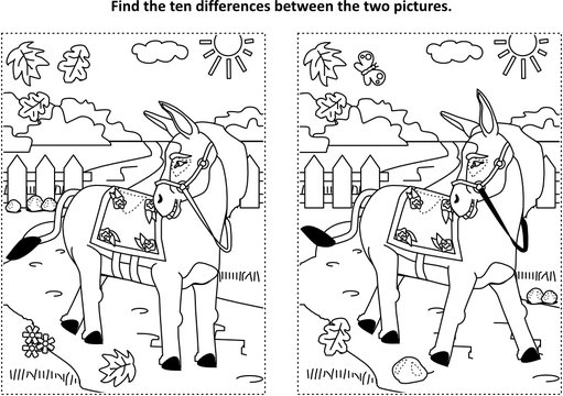 Find the ten differences picture puzzle and coloring page with donkey or burro walking at rural scene
